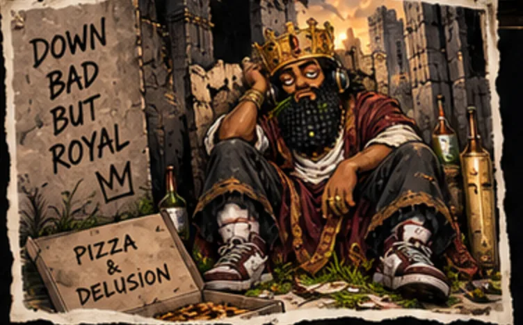 NEBUCHADREKTZAR slumped in the ruins, annotated DOWN BAD BUT ROYAL