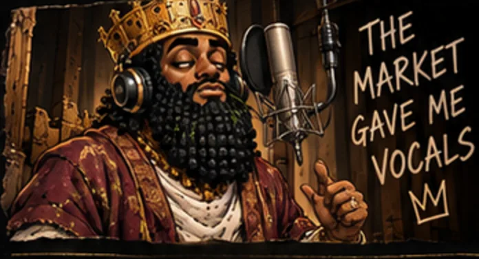 NEBUCHADREKTZAR at a studio microphone, wall graffiti reading THE MARKET GAVE ME VOCALS