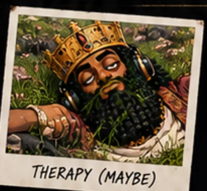 Polaroid: NEBUCHADREKTZAR lying in the grass, captioned THERAPY (MAYBE)